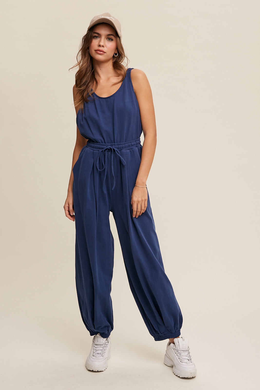 Tank and Jogger Pants Open Back Knit Jumpsuit Navy Undeniably Chic Boutique